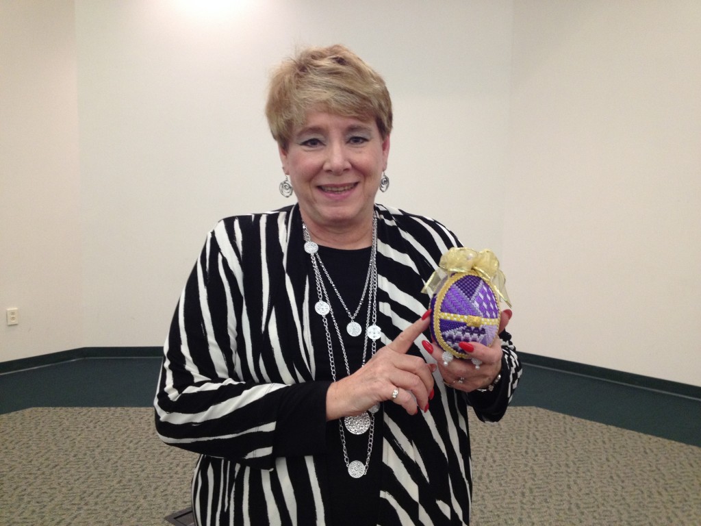 Karen R. with her finished 'Crazy Quilt Egg.'